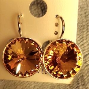 NEW Swarovski Element Crystal Earrings Dark Brown Leverback Dangle Round Classy